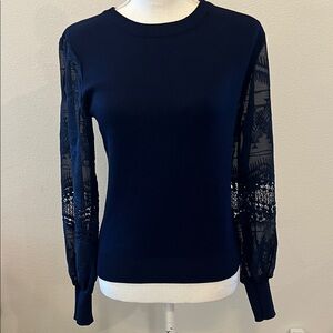 S Women's Navy Lace Sleeve Knit Top